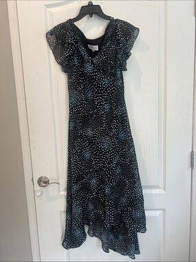 Stunning Studio I Black Dress with White Polka Dots and Teal Floral Accents 12